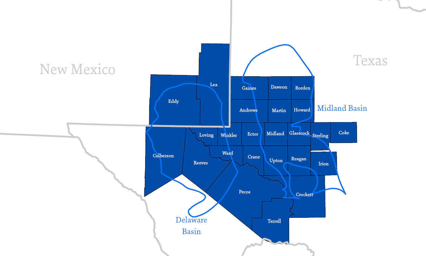 Map of target counties across the Delaware and Midland Basins in Texas and New Mexico